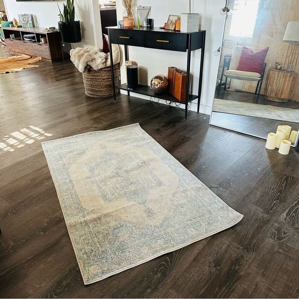 NULOOM Blue White Harriet Vintage Medallion Fringe Area Rug Moroccan Carpet 3x5